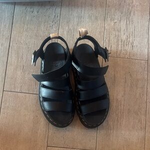 Dr. Martens Black Leather Strappy Sandals with Yellow Welt Stitching
